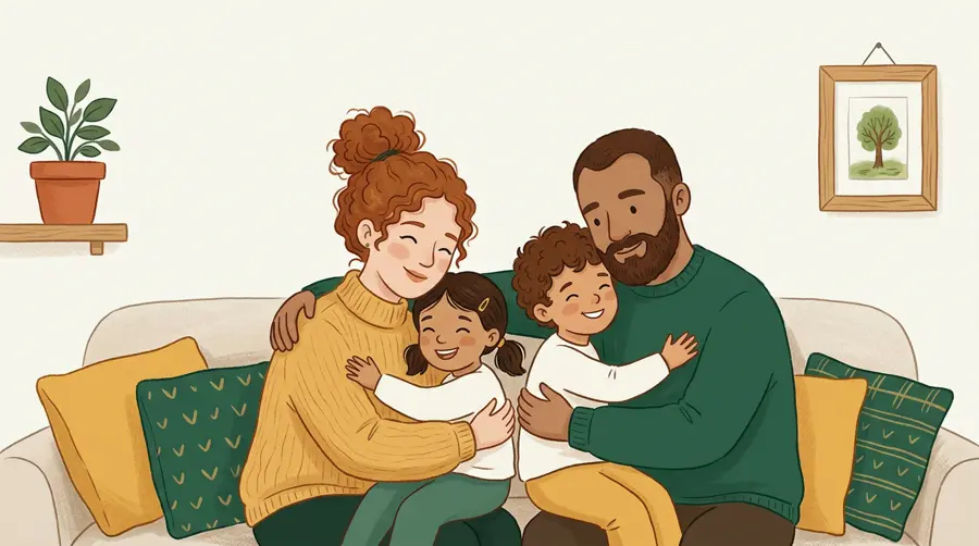 Illustration d’une famille de quatre personnes qui se serre dans les bras sur un canapé